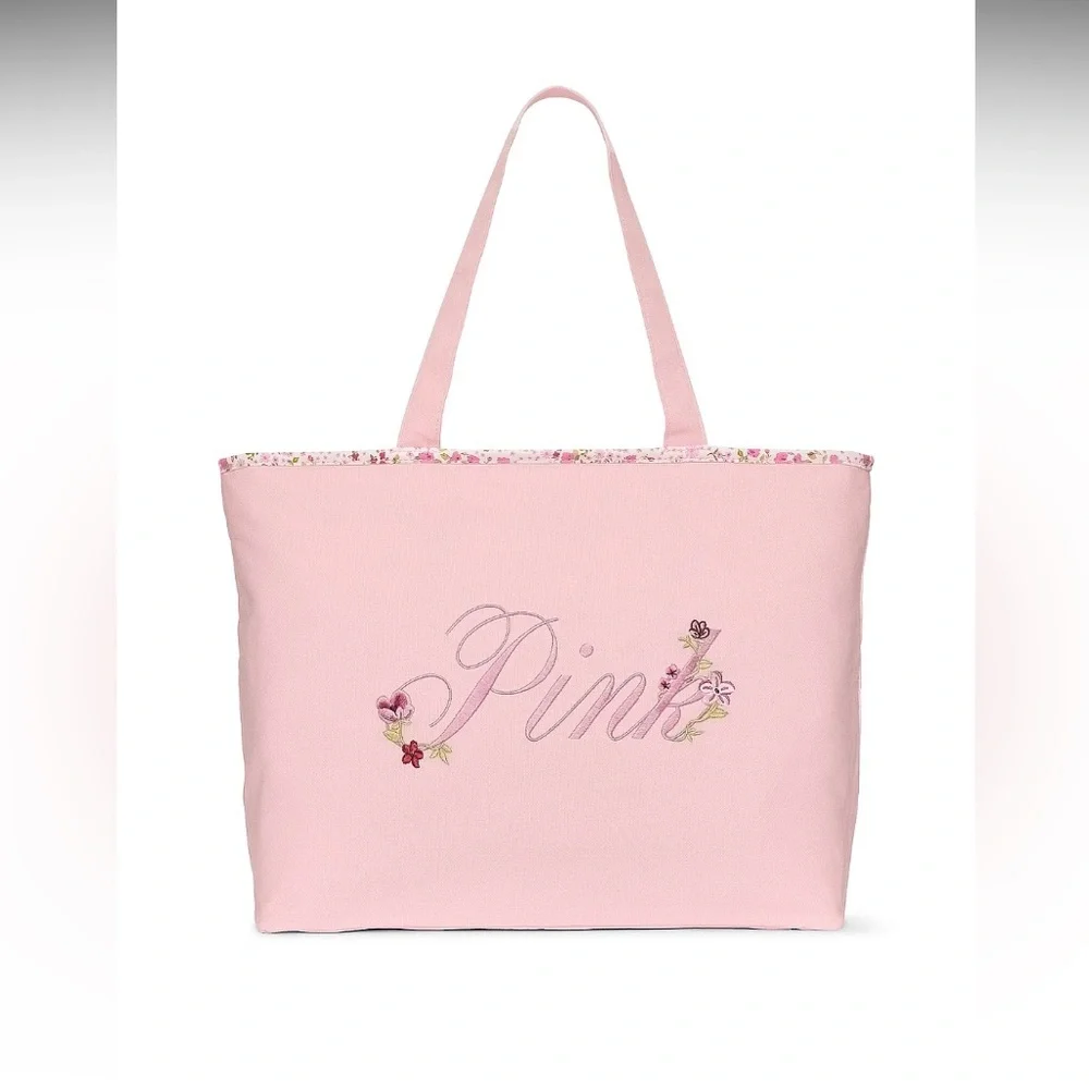 PINK Victoria's Secret Light Pink Tote with Floral Embroidery &  Towel